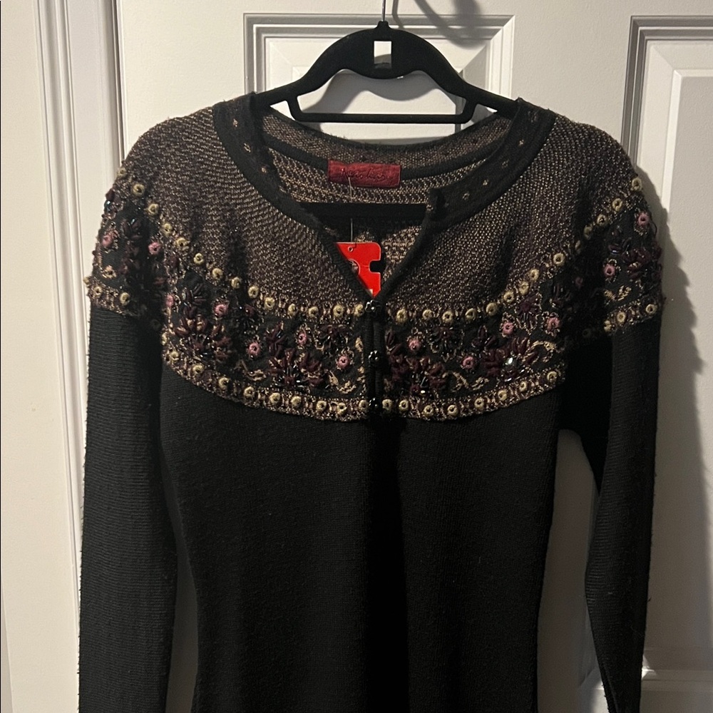 Black Long Sleeve Knit Dress with Embroidered Yoke
